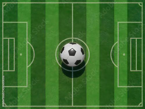Soccer field with ball on green grass background