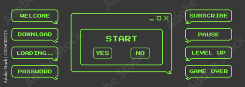 Retro y2k collection with pixelated frame. 8 bit acid green game style message box or chat balloon. Vector set on black.