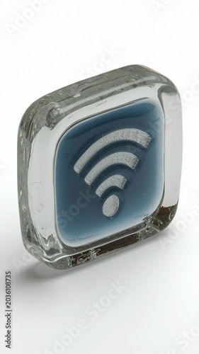 Frosted glass wifi signal icon rotating in seamless loop with translucent texture. 3D design element shown from multiple angles. For connectivity and wireless technology concepts.
