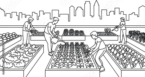 People tending to an urban rooftop garden with city skyline background, building. Vector illustration