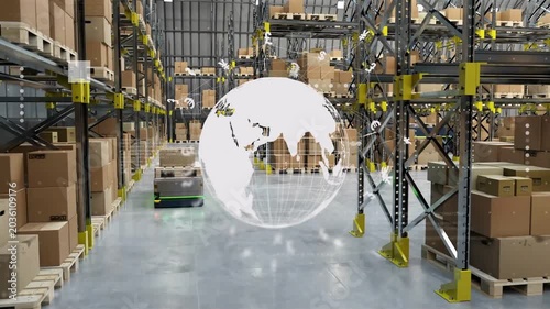 Globe appearing and rotating, AMRs driving and carrying pallets, optimizing warehouse logistics