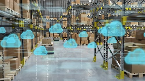 Cloud icons appearing above aisle starting AMRs navigating warehouse, sharing data for coordination