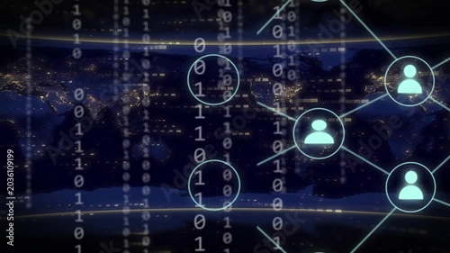 Binary streams appearing, user icons glowing, growing, linking and pulsing, showing global network