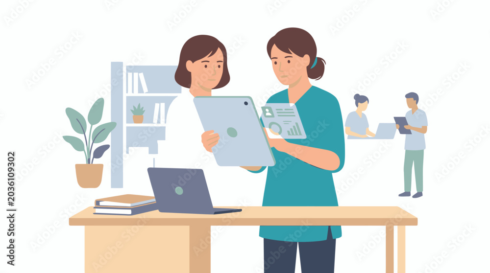 Fototapeta premium Businesswomen Collaborating on Project Review in Modern Office Environment.