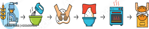 Cuadro en lienzo Bread Making Process Vector Illustration Featuring Dough Mixing Kneading Baking