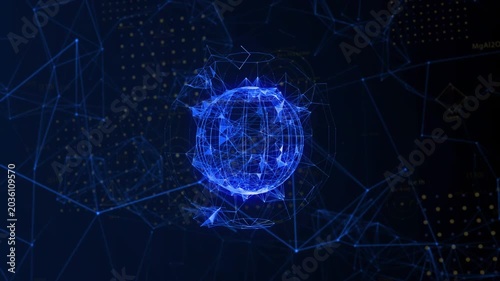 Orbiting bright node contacting wireframe sphere, globe pulsing and growing to show network growth