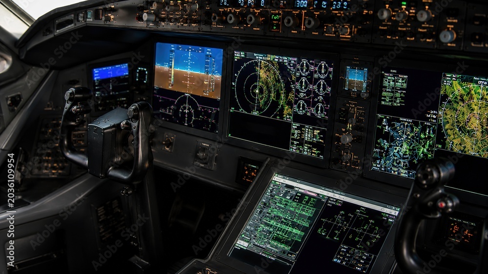 Fototapeta premium Aircraft cockpit controls aviation simulator digital dashboard high-tech environment pilot's perspective interactive flying concepts for training and experience