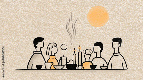 Families Gathering Around Thanksgiving Dinner Table Steam Rises Homemade Dishes Candles Glow Softly | Gratitude and Family Connection Vintage Ink Illustration

