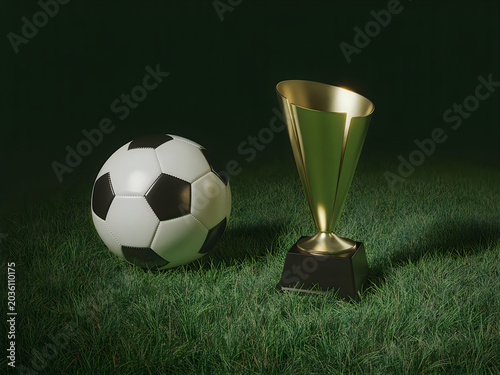 Soccer ball and gold trophy on grass field