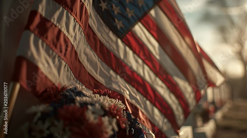 American Flag and Flowers at Veteran Cemetery Memorial