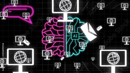 Single neon pink stroke starting split brain, monitors orbiting and icons moving, showing network