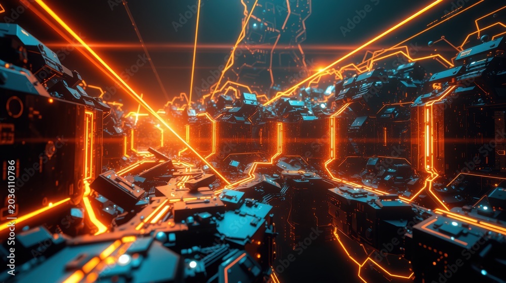 Obraz premium Futuristic digital space. Glowing orange lines form complex structures. Dark background emphasizes bright neon illumination. Abstract technology concept.