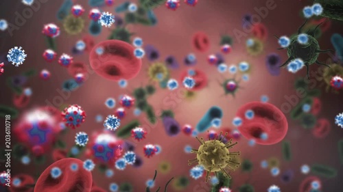 Cam pushing forward, virus cluster with RBCs and immune drifting, proteins binding showing immunity