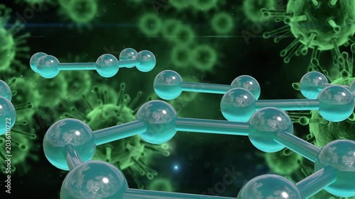Camera nearing branch orbiting cyan molecule revealing hex ring showing form over green virus field