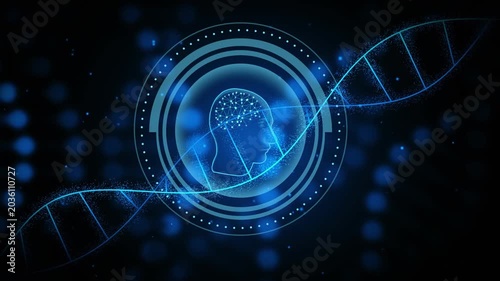 DNA helix entering from right and sweeping HUD, activating neural nodes to show genetic connection