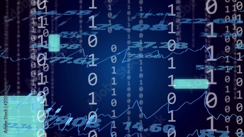 Bits falling starting floating data view teal panels sliding tickers turning showing data shifts