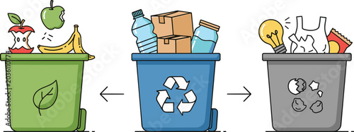 Obraz na plátně Waste Sorting And Recycling Bin Vector Illustration Featuring Organic Plastic An