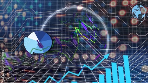 ANALYSING label showing, core node animating charts, bars rising, numbers floating, showing trends