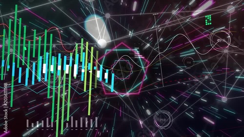 Neon pentagon pulsing as particle streaks radiating bars rising and oscillating showing data trends