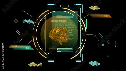 Golden 3D brain rotating on scan start, reorienting and exposing folds, HUD pulsing for diagnostics