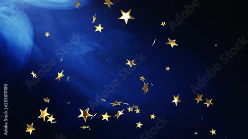 Entering from top and sides, metallic stars drifting and rotating across blue nebula for decoration