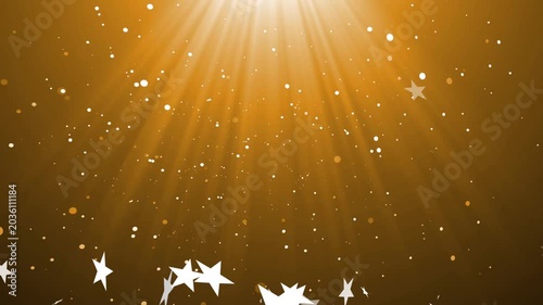 Top spotlight lighting, white star confetti drifting and rotating, sparkles creating festive glow