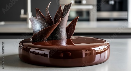 Elegant chocolate espresso mirror glaze cake with decorative chocolate shards on top.