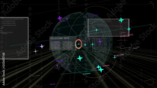Reticle locking 3D globe rotating, HUD rings pulsing, panels collecting global data for analysis