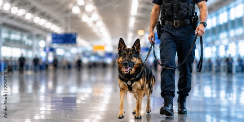 Security personnel engaging canine partner at airport terminal dynamic action scene indoor environment focused viewpoint emphasizing safety and collaboration