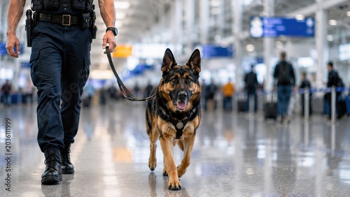 Police dog unit patrols airport terminal ensuring safety for travelers professional canine handler busy travel hub indoor setting security and vigilance in action