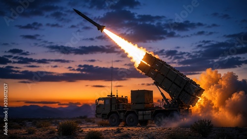 Military action launching missile system at sunset desert terrain photography dynamic landscape side view defense technology and readiness