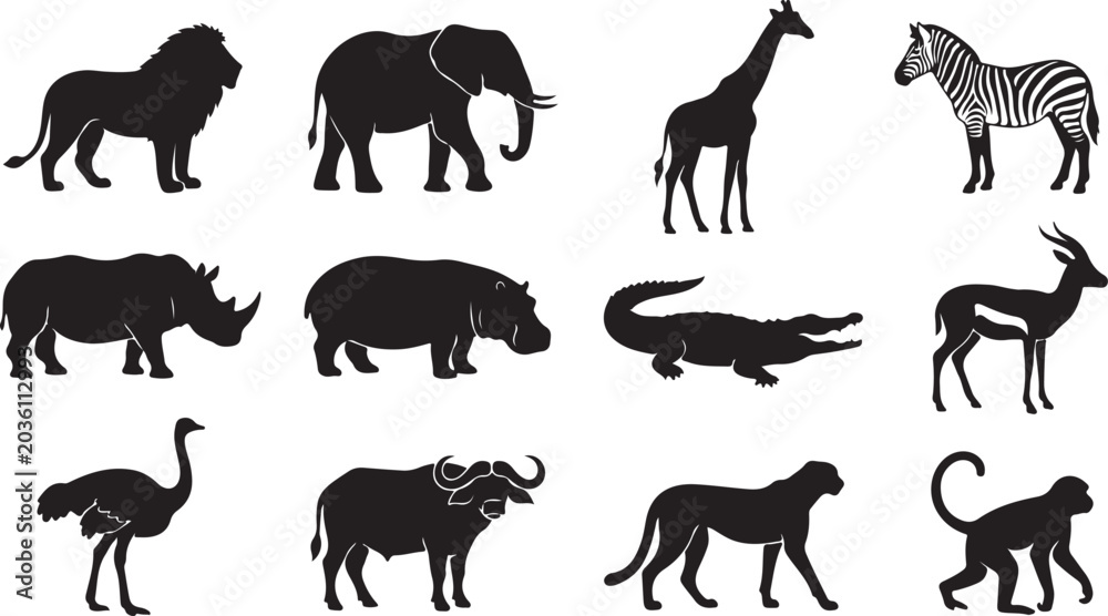 Obraz premium Black silhouette safari animals bundle isolated on white.
