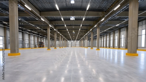 Vast industrial warehouse interior featuring exposed metal beams and bright overhead lighting
