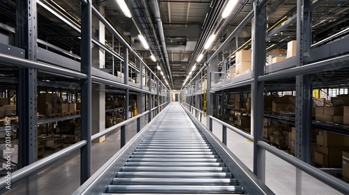 A long empty industrial corridor filled with metal shelving and bright overhead lighting