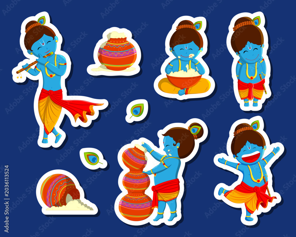 Fototapeta premium Vector illustration of isolated Baby Krishna stickers set
