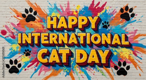 Happy international cat day graffiti mural on a brick wall with colorful paint splashes and black paw prints