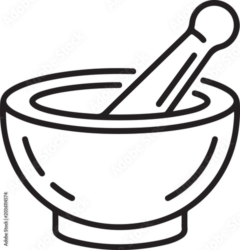 Mortar and pestle icon with clean lines against a white background for medical or culinary concepts