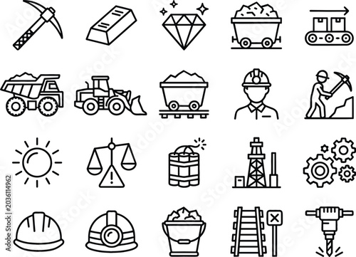 Foto Mining and heavy industry line icon set vector illustration featuring gold diamond miner helmet truck machinery and resource extraction symbols