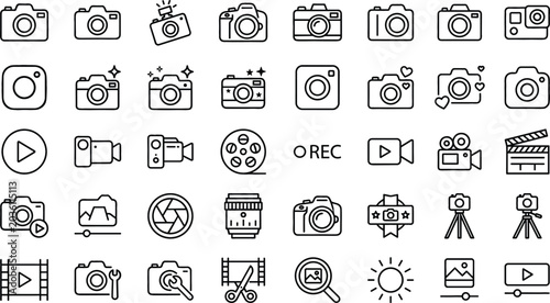 Photography and video production line icon set vector illustration featuring camera lens tripod film clapperboard and media player symbols.