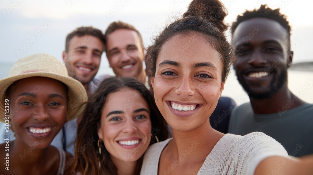 Fototapeta premium Group of diverse friends smiling together while taking a selfie on a beach during sunset, showcasing joy and camaraderie in a natural outdoor setting