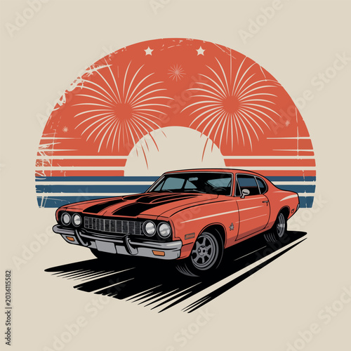 Vintage orange muscle car with retro sunset and fireworks