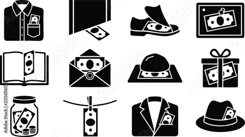 Cuadro en lienzo Hidden Money Bribe Concept Set Shirt Shoe Envelope Gift Jar Black Vector Illustr