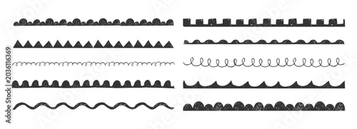 Scalloped border simple divider ornament scribble edge cutout decoration set chalk or crayon texture. Wavy edge frames brush, dividers.