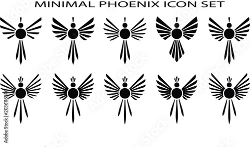 Schilderij op canvas Minimal Phoenix Icon Set Black Vector Silhouette Bird Wing Symbol Various Poses