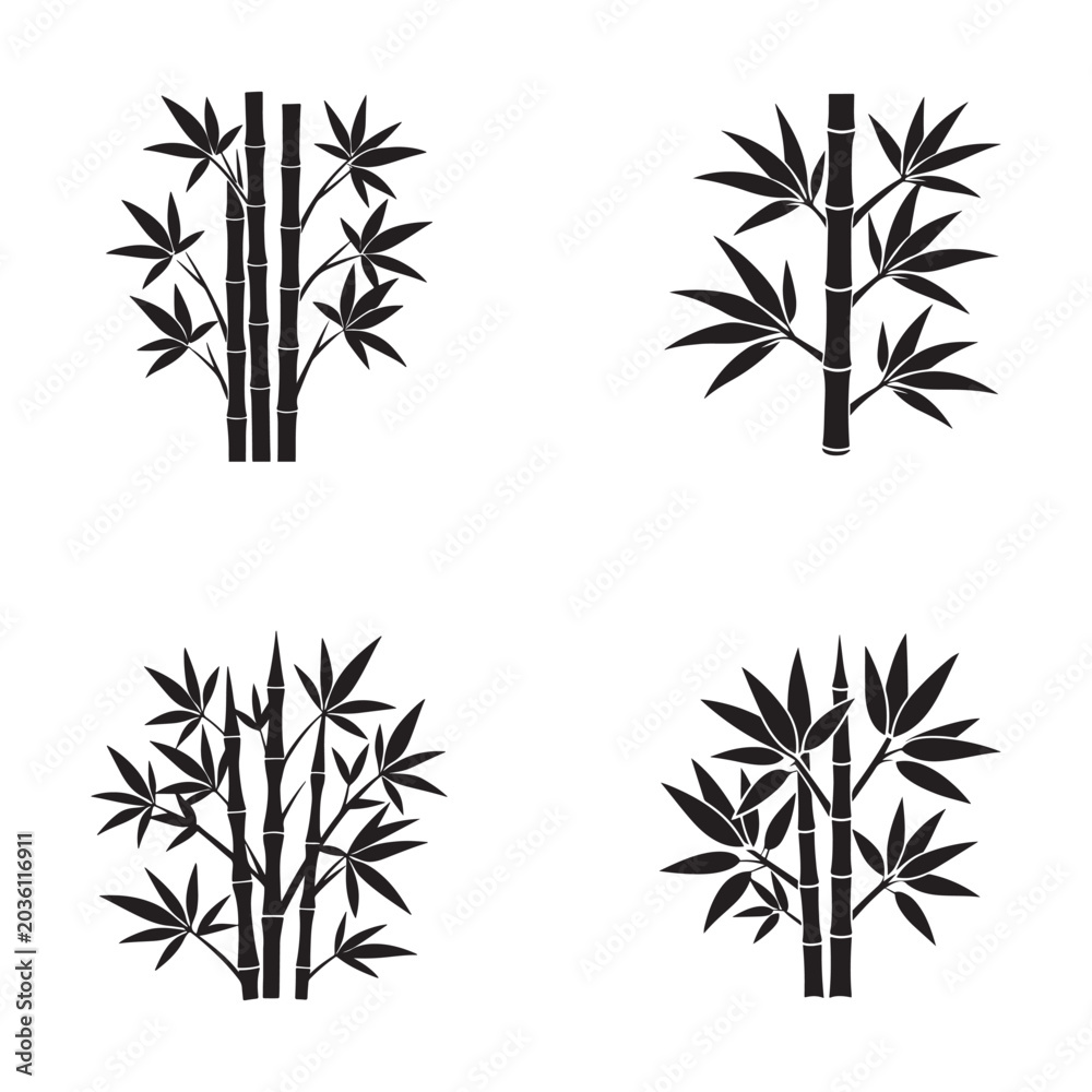 Fototapeta premium Bamboo plants with leaves on white background bamboo silhouettes plant illustrations