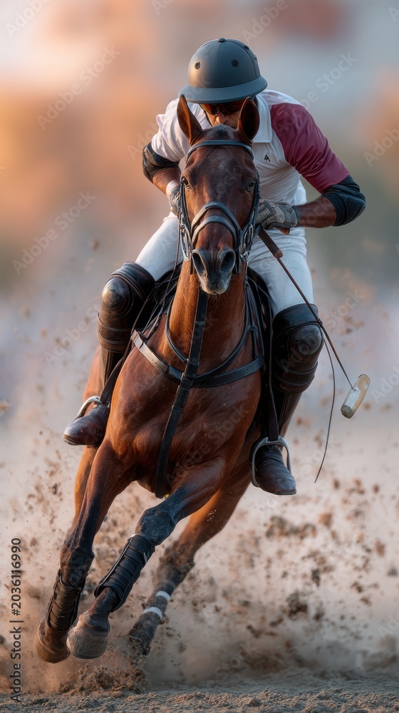 Fototapeta premium Male polo player in white and maroon uniform riding brown horse during match, kicking up dust on field with blurred background of spectators and sunset sky