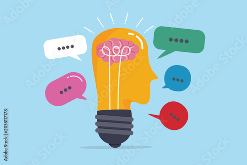 Foto Communication success, talk or discussion for solving problem, brainstorming or communicate idea, thought or debate conversation, negotiation, human head brain lightbulb with dialogue speech bubble