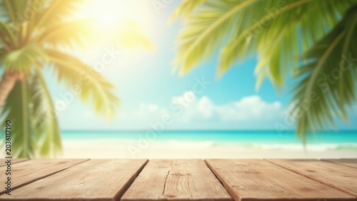 blur tropical beach with bokeh sunlight and palm tree on empty wood table with copyspace, vintage product presentation in nature, abstract background with wave and light,