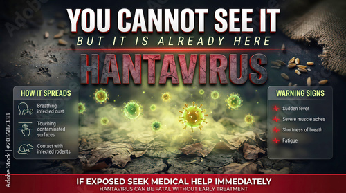 Hantavirus health awareness infographic with microscopic virus particles