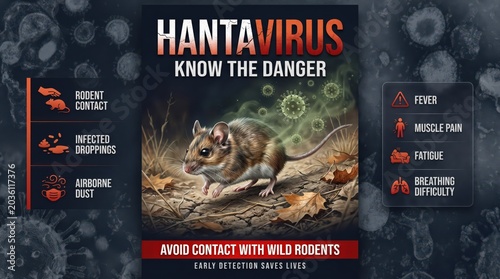 Hantavirus health awareness poster featuring a wild mouse and symptoms